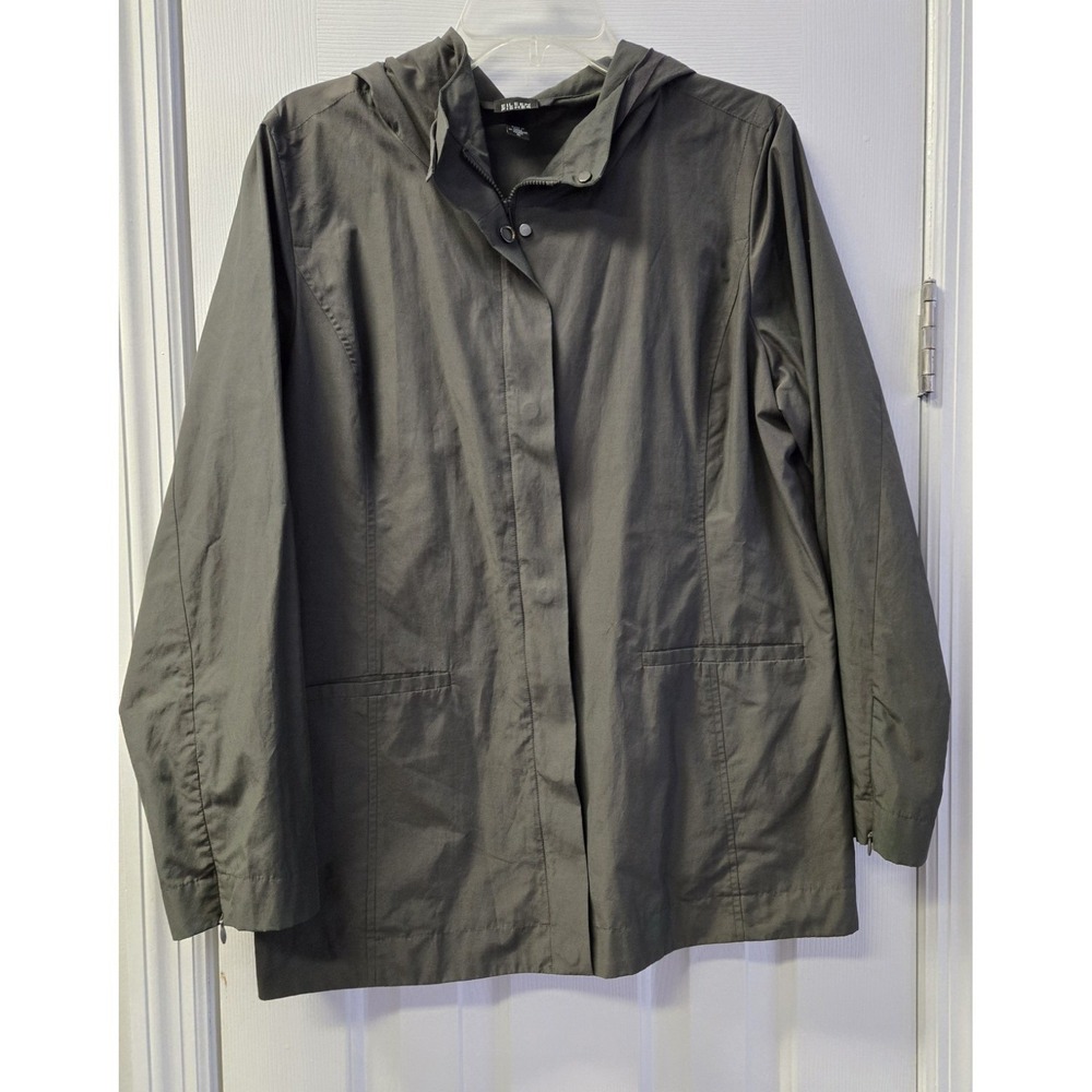 Eileen Fisher Olive Green Light Nylon Cotton Hooded Jacket Luxery SZ M